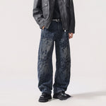 American-style Vintage Jacquard Flocking Embroidered Fleece-lined Jeans